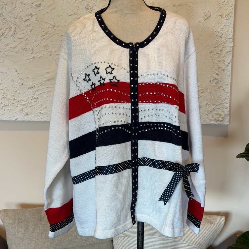 Storybook Knits Anerican Celebration Red White Blue Cardigan Sweater Size 3X NWT